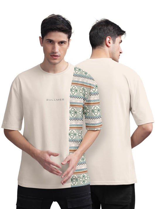 BULLMER Beige Front and Back Printed/Colourblock Baggy/Oversized Tshirt for Men