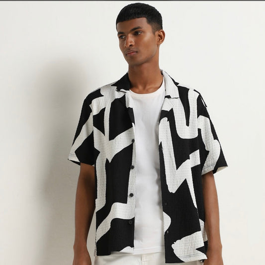 Black Abstract Design Textured Relaxed-Fit Shirt